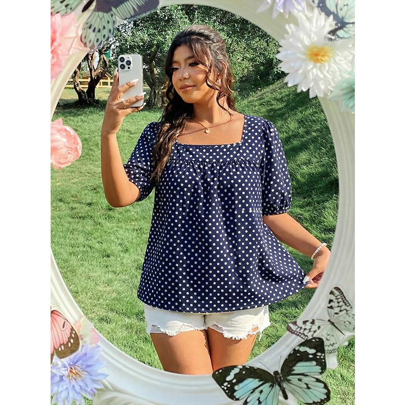 Summer New Large-sized Polka Dot Square-neck Top with Puff Sleeves, Loose and Slimming Baby Doll Style Shirt