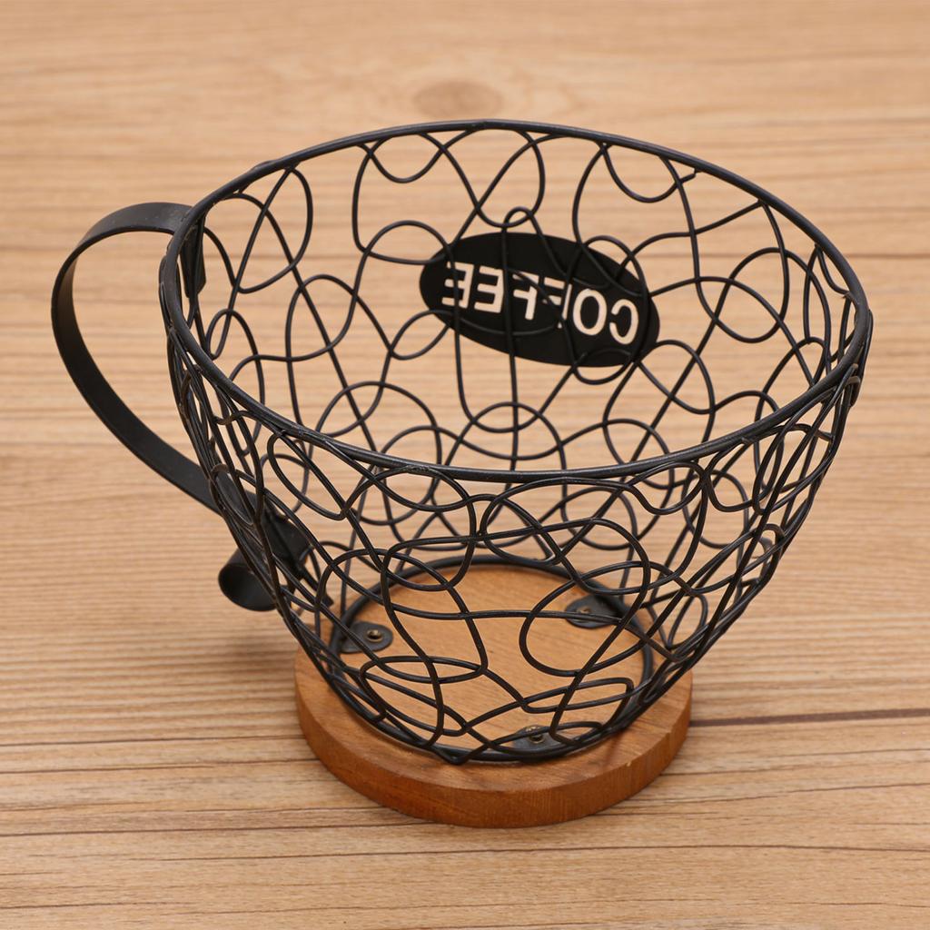 Coffee Pod Holder   Metal Coffee Capsule Storage Basket with Wood Base for Kitchen Countertop