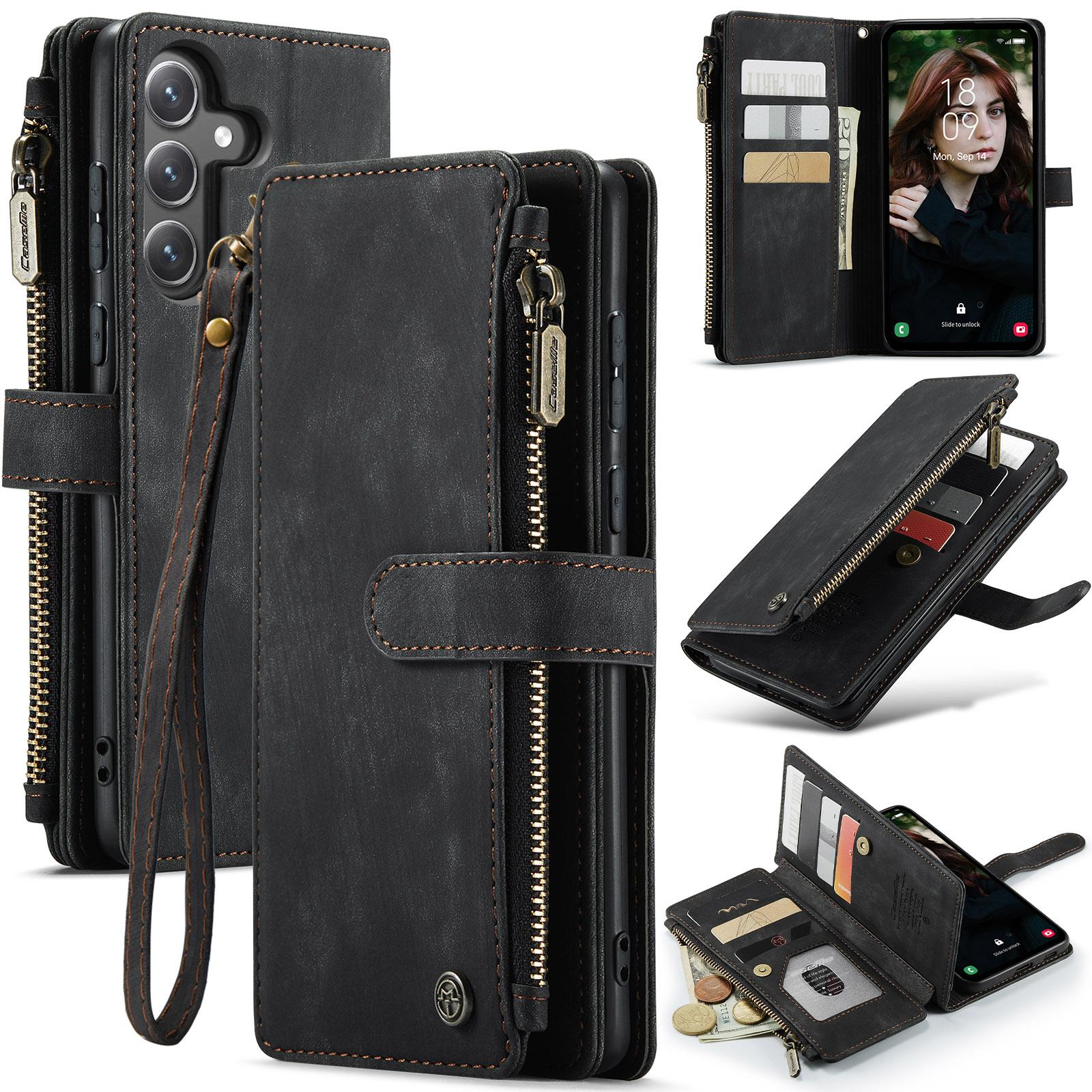 

For Samsung Galaxy S25 FE Phone Cases with Strap CASEME C30 Zipper Multiple Card Holder PU Leather Cover B