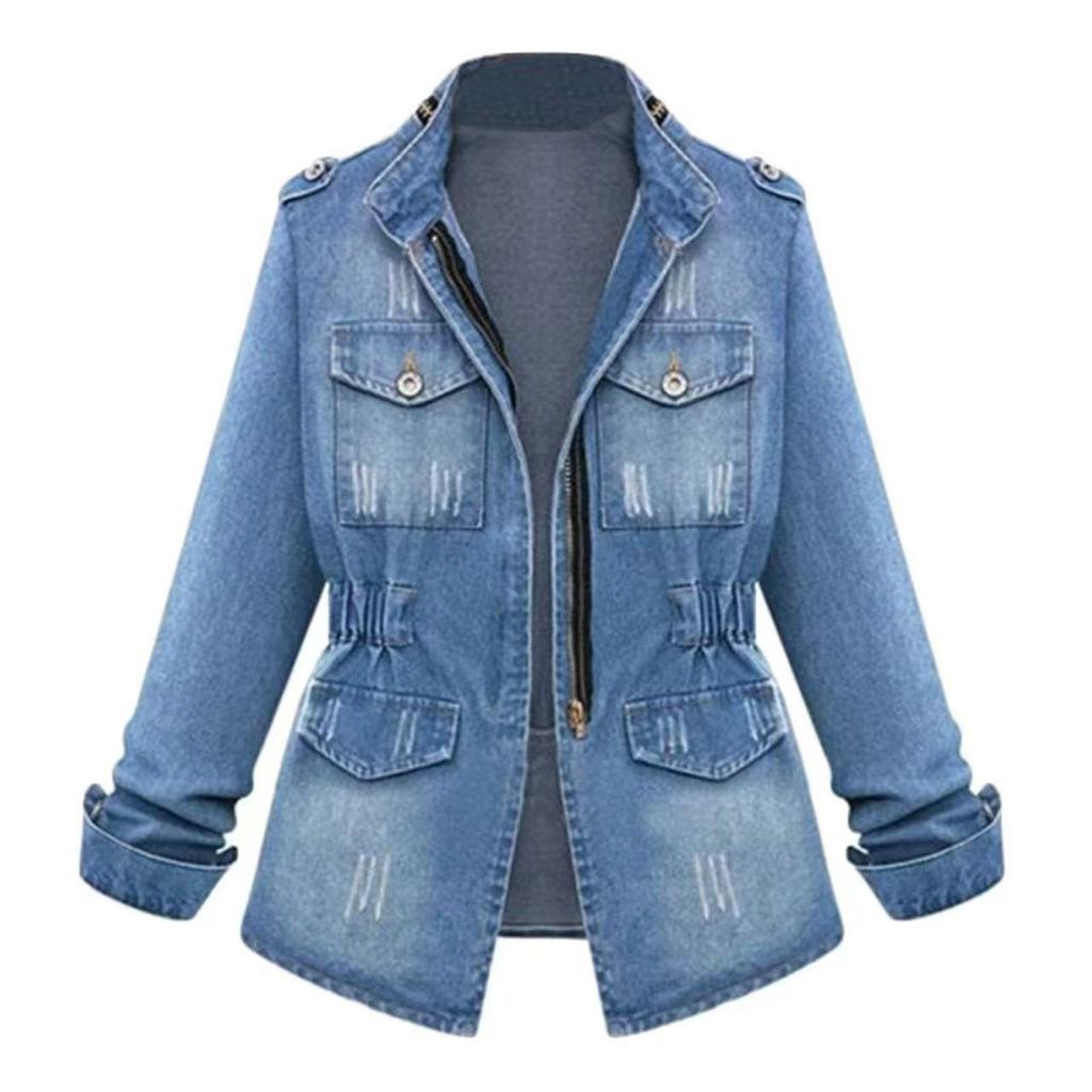 Damen Langarm Stehkragen Reißverschluss Herbst und Winter Jeansjacke