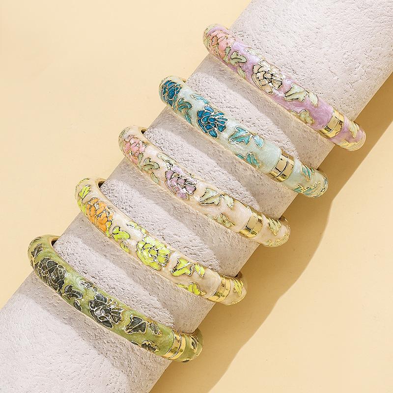 Vintage Enameled Bracelets For Women Flower Gold Color Cloisonne Bangles Elegant Women'S Jewelry Gifts