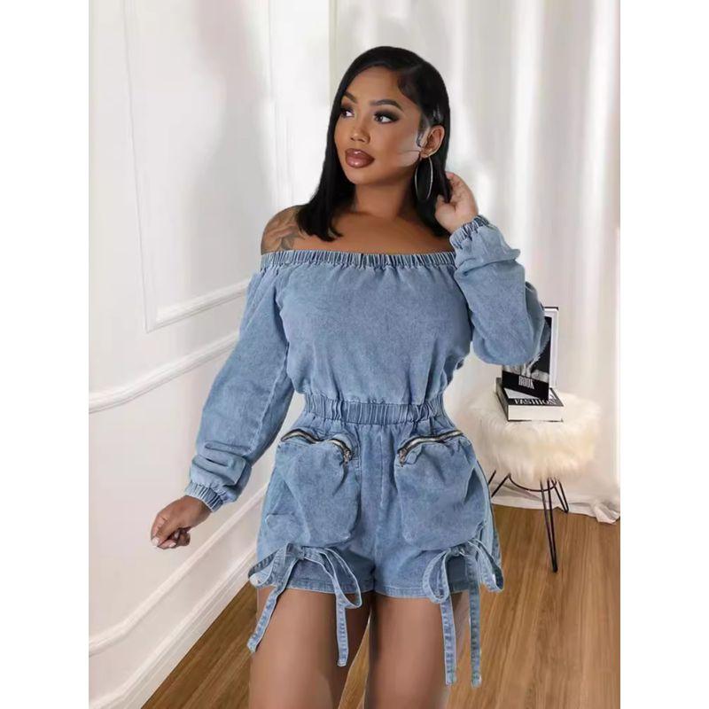 Western Style Personality Multi-pockets Denim Sexy Wash Short Elastic Wrap-around Elastic Waist 9822 One-Piece Clothes and Trousers