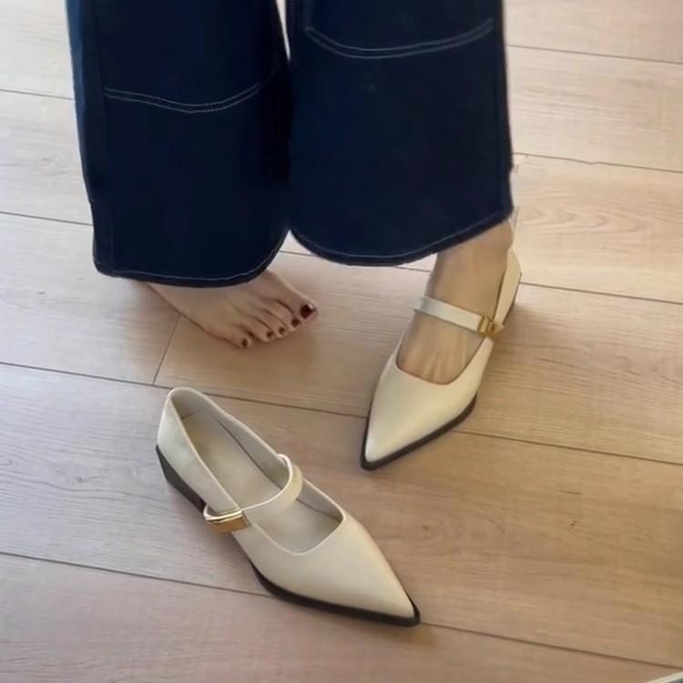 Soft Leather Version~ One-pedal Pointed Thick Heel Mary Jane Shoes Light Mouth One Word with French Commuter Light Mouth Temperament Single Shoes