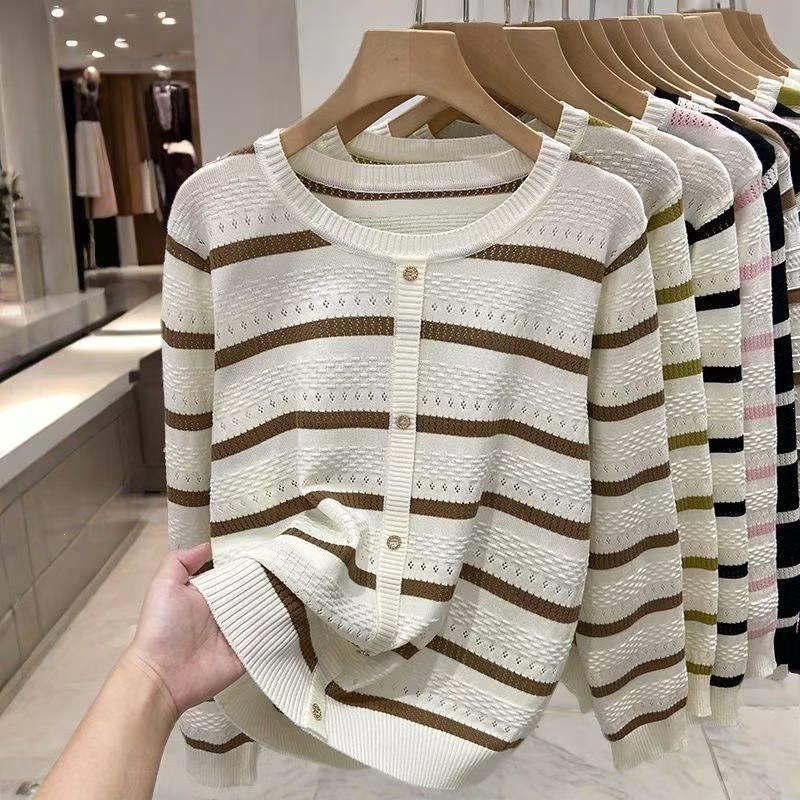Korean Style Striped Hollow Loose Knit Sweater for Women – 2026 Long Sleeve Lightweight Inner Layer