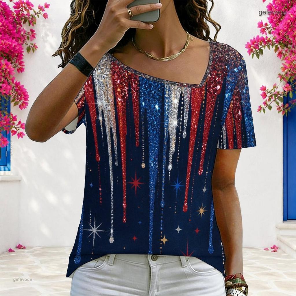 Women Plus Size Asymmetric Neck Short Sleeve Top Vintage American Flag Star Stripe Art Print