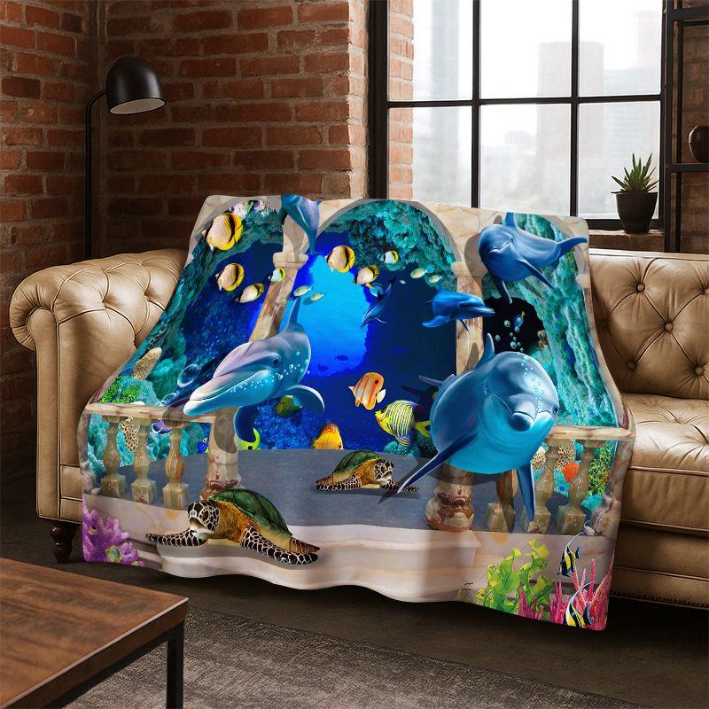3D Illusion Underwater World Marine Life Shark Dolphin Cartoon Flannel Blanket Throw Blanket for Bedroom Living Room Bed Travel