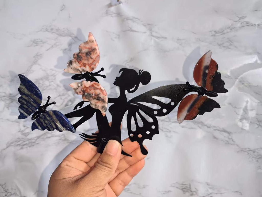 Reiki Healing Gemstones Natural Crystal Butterfly Fairy Figurine Metal Stand Handcrafted for Gift Decoration