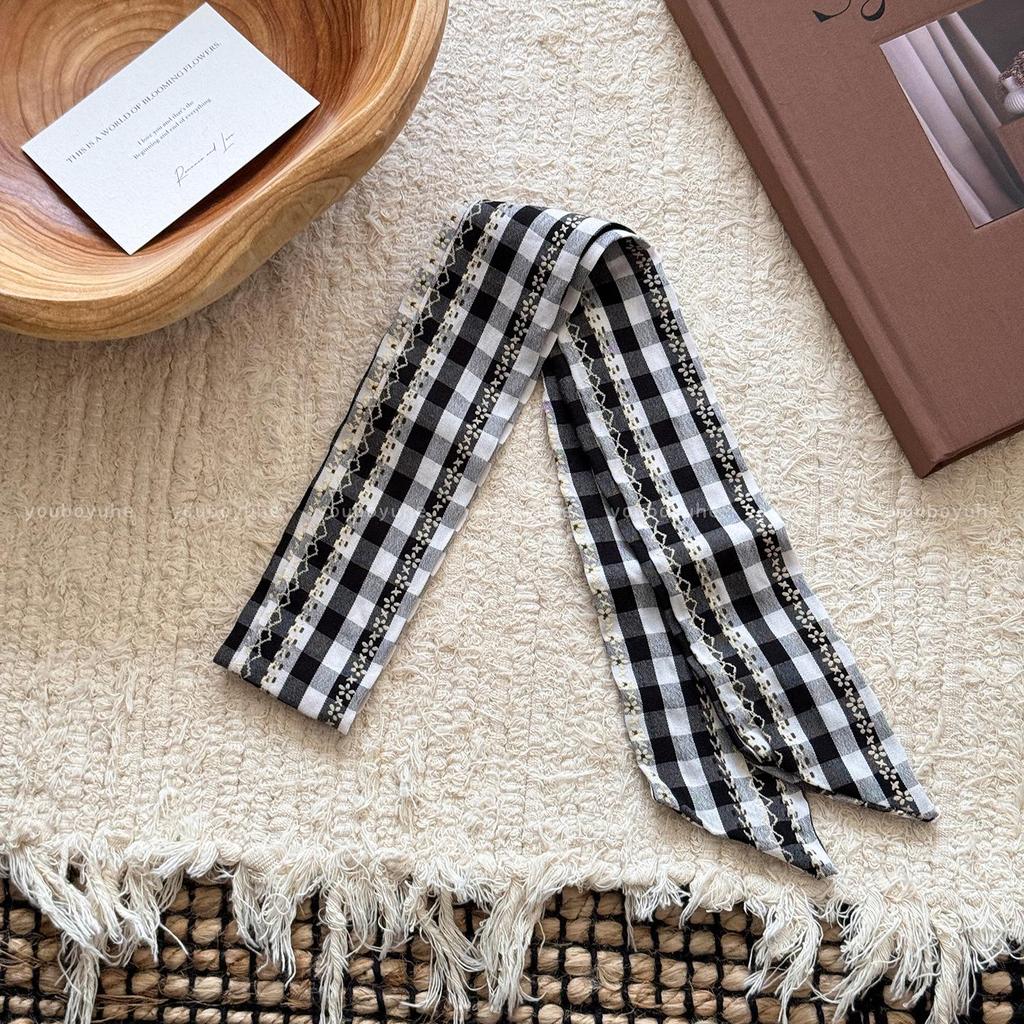 Korean Polka Dot Silk Scarf: Black & White Long Ribbon for Women