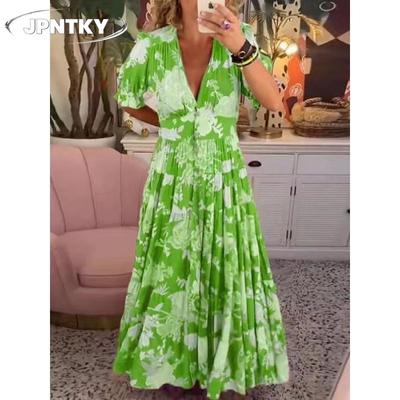 JPNTKY Mode Zomer Lente Korte Mouw V-Hals Casual Jurken