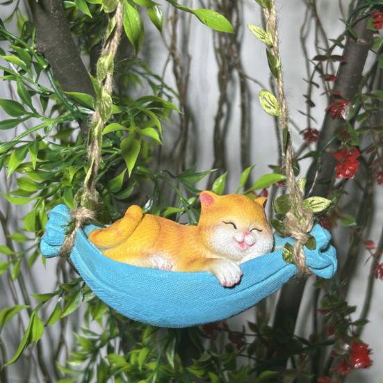 Resin Cute Swing Cat Sculpture Orange Cat On Hammock Hanging Ornament