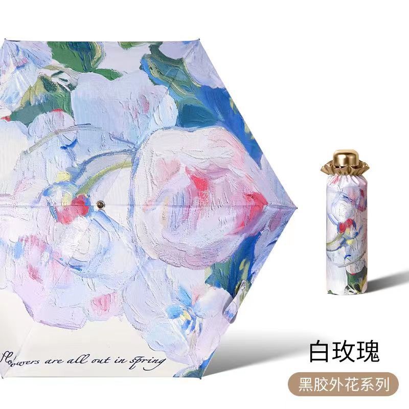 Mini Manual Compact Umbrella Rose Oil Painting Umbrella Pink with Multicolored Flowers Travel Uv Umbrella Woman Paraguas