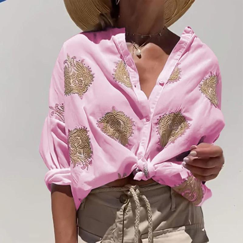 Women's Autumn Graphic Print Long Sleeve Shirt with Turn-Down Collar