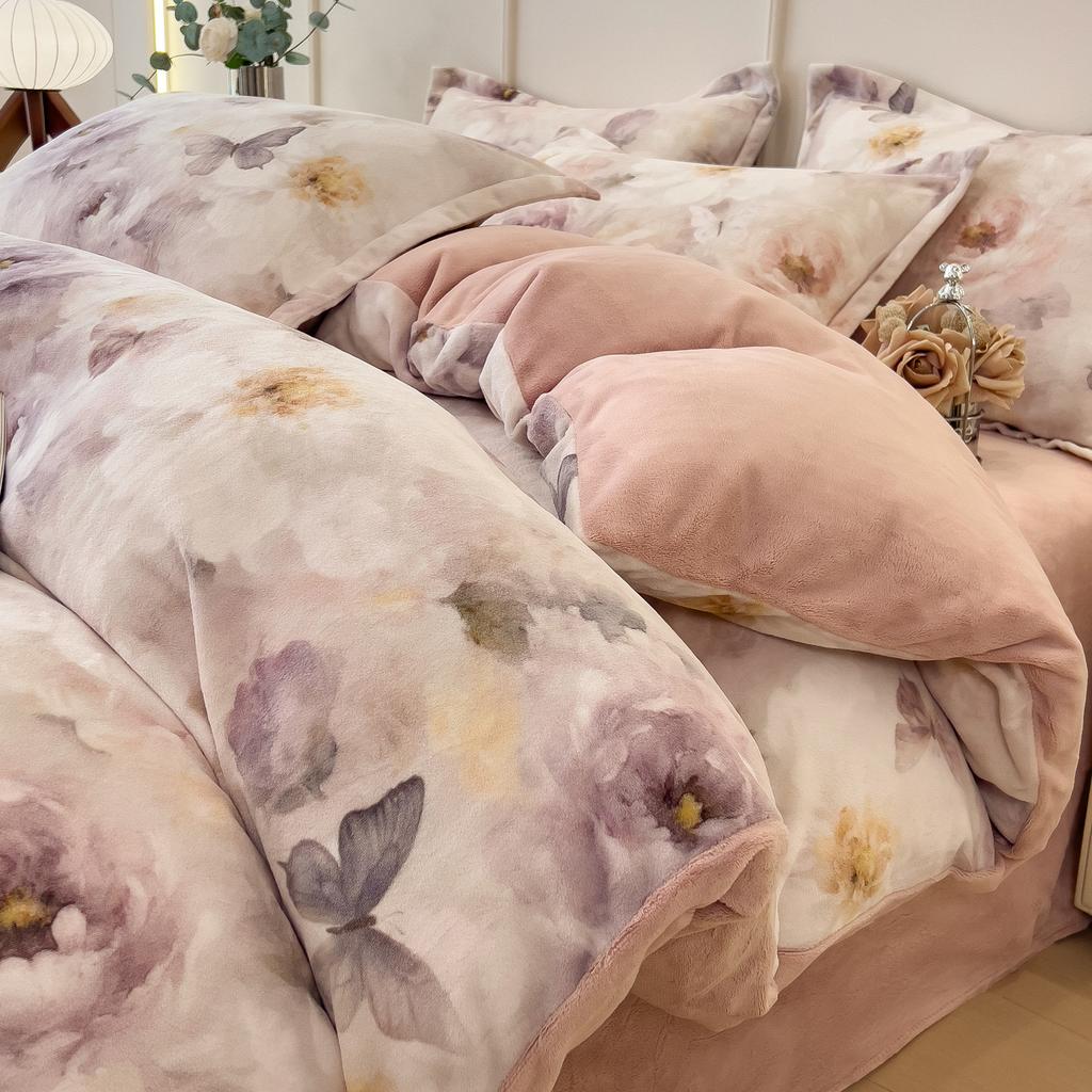 Thickened Milk Fleece Bed Four-Piece Set Double-Sided Fleece Quilt Cover Bed Sheet Coral Flannel Bedding