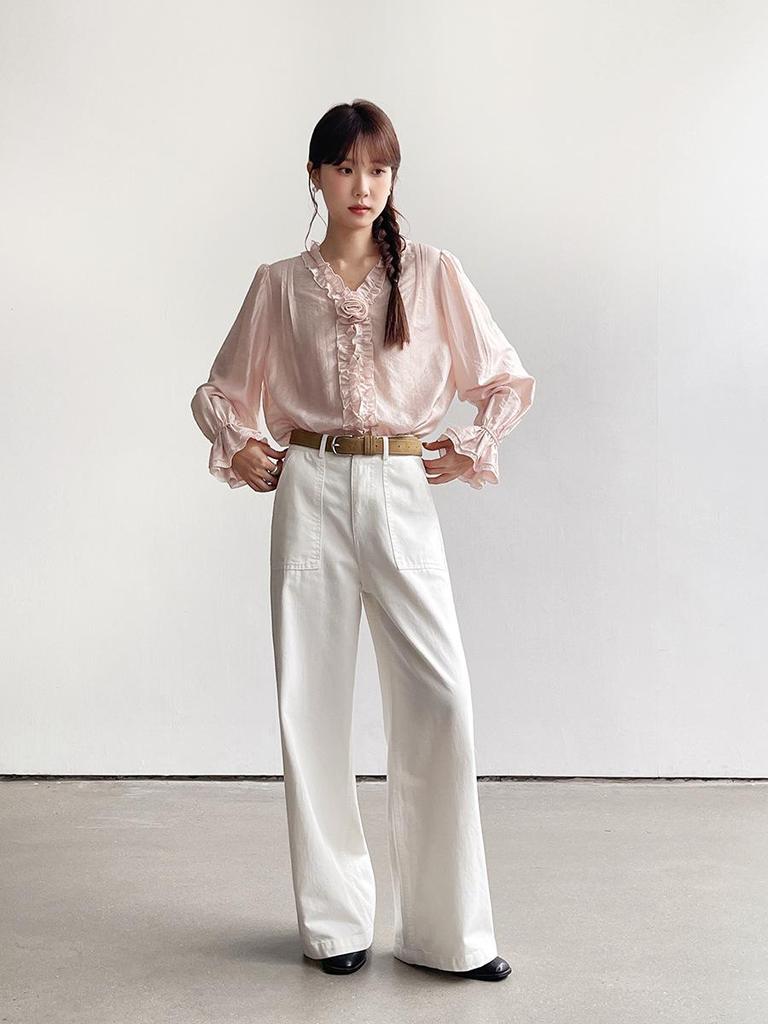 Camisa Feminina Ge Ming com Flores 3D e Manga Sino - Top Retro Francês de Primavera