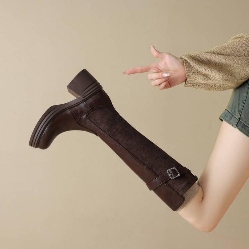 New women's thick-soled rear zipper Martin boots solid color round head high-heeled large-size leather boots autumn and winter square-heeled high boo