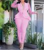 Women's Long Floral Lace Sleeve Peplum Blazer & Lace Trim Skinny Pants 2 Piece Solid Air Layer Elegant Office Pant Suit Set
