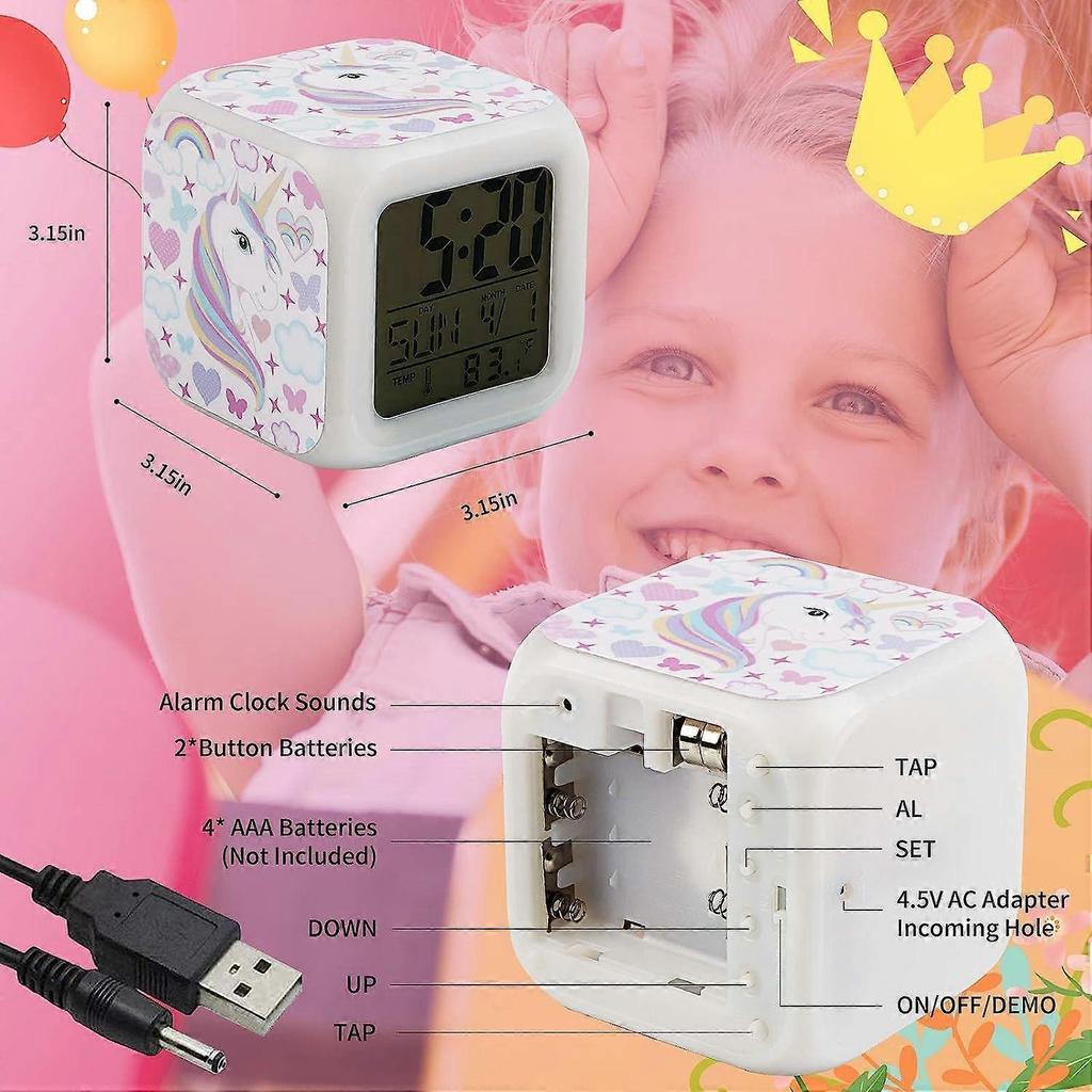 SCSYV Girls Alarm Clocks, Unicorn Night Light Kids Alarm Clocks with 4 Sided Unicorn Pattern&9 Kinds of LED Glowing Wake Up Bedside Clock Gifts for Un