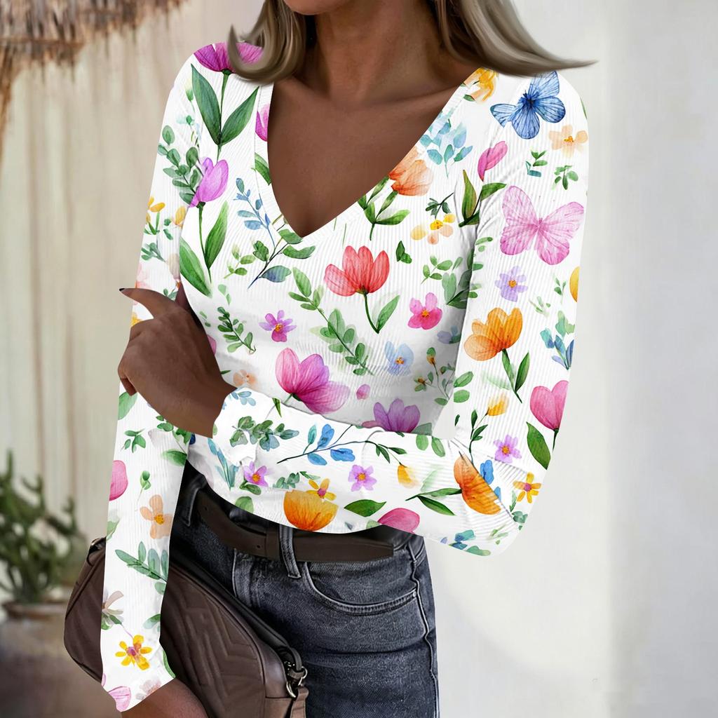 Women's Casual V-Neck Floral Print Long Sleeve Ribbed Top for Everyday Wear
