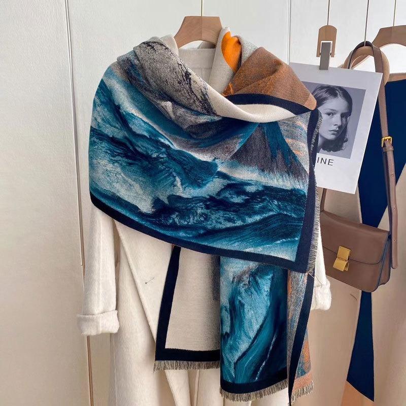 Autumn and winter new oil painting style double-sided jacquard scarf women's high-end sense versatile shawl scarf thickened warm scarf