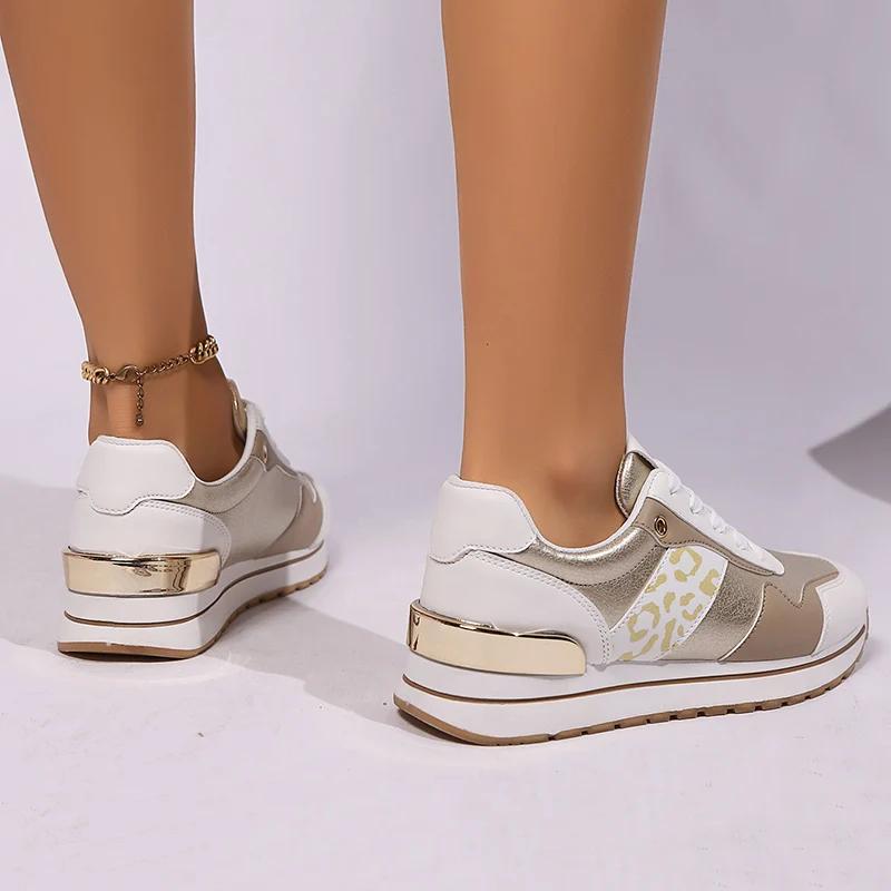 2025 New Leopard Print Platform Sneakers for Women Mixed Color Lace Up Flat Sneaker Woman Non Slip Casual Running Shoes Female