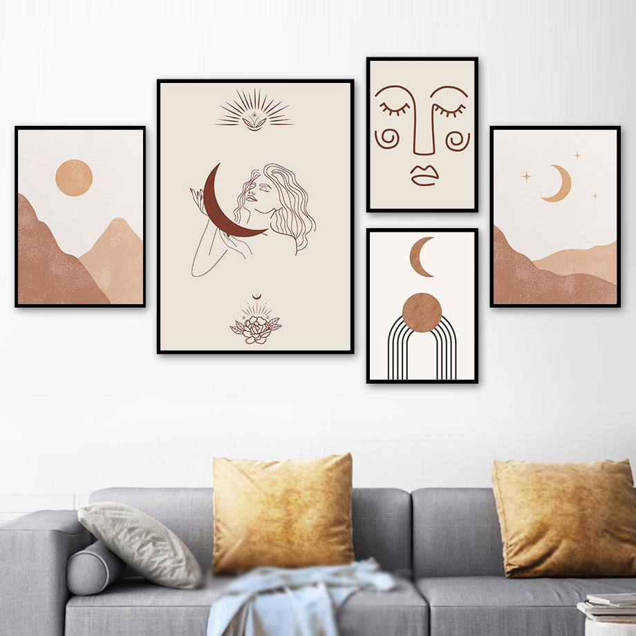 Abstrakte Mädchen Gesicht Blatt Sonne Mond Berg Nordic Poster Und Drucke Wand Kunst Leinwand Malerei Wand Bilder Für Wohnzimmer Dekor