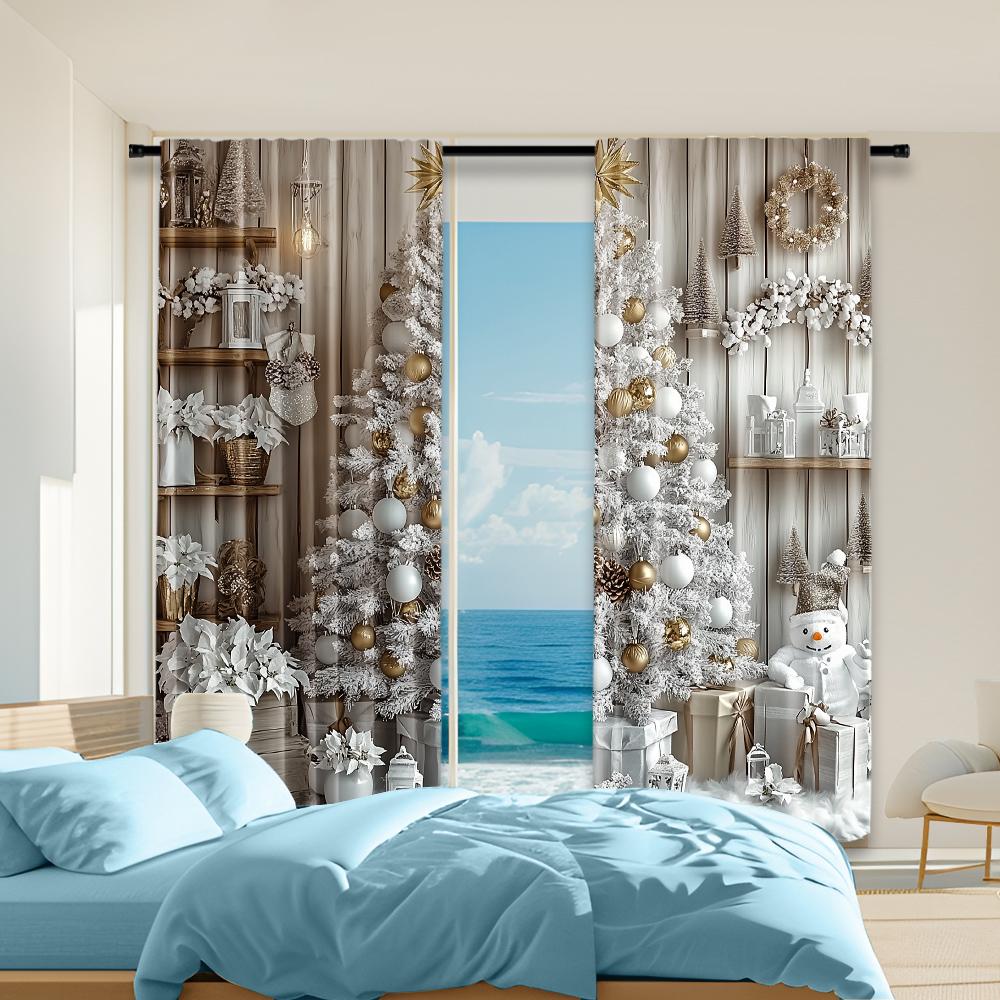 

2Pcs Classic Christmas Tree And Snowflake Print Curtains Polyester Rod Hole Washable Drapes For Various Room Elegant 100*130 Grommet Top 1pcs