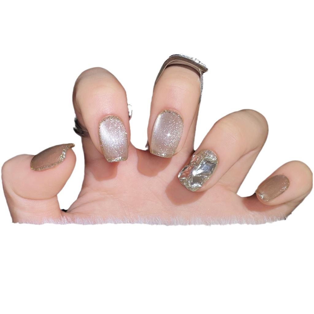 100% HANDGEFERTIGTES Falsches Nagelset mit Kleber Klare Glasperle Katzenauge Kurzer Stil mit Diamanten Phototherapie-Nägel Wiederverwendbare und Abnehmbare Nägel