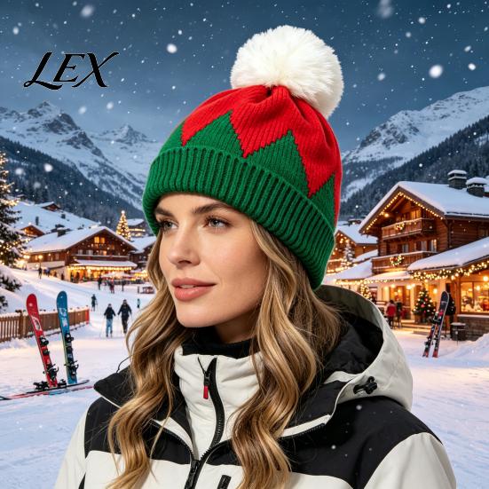 Warm Cuffed Cap for Women Christmas Elf Hat, Cozy Winter Knit Hat with Pom Pom, Stretchy Skull Outdoor Cold Weather Soft Polyester