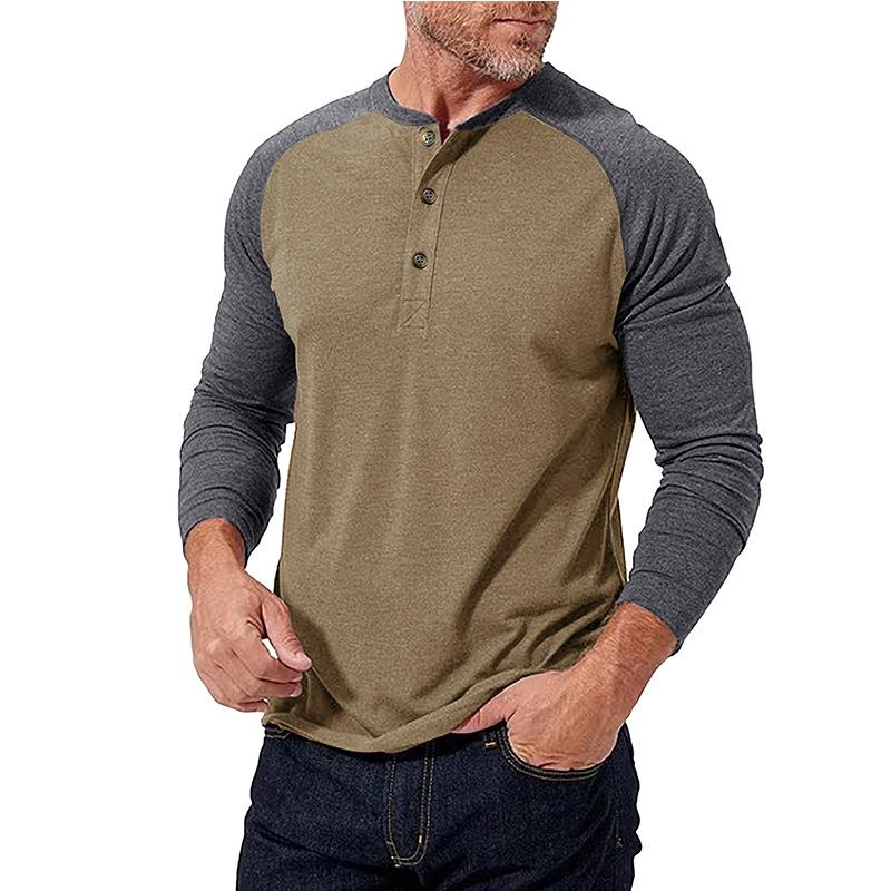 New Autumn and Winter Men's Long-sleeved Color-blocked Henry Shirt Men's Round Neck T-shirt Spliced Contrasting Color Slim Body