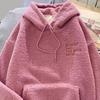 Fleece Pullover Top Warm Loose Women Long Sleeves Thick Drawstring Cuff Elastic Letter Patch Pocket Embroidery Fall