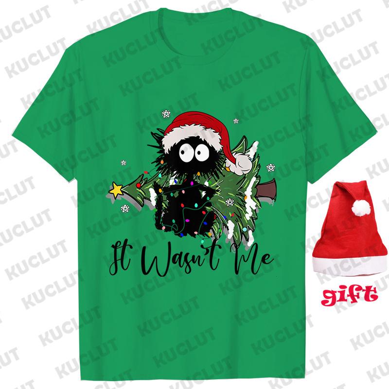 

Унисекс It Wasn s Me Christmas Cat Женская одежда Рождественская елка Повседневная модная вечеринка с коротким рукавом WoUnisex Футболки с рождественскими шапками 4XL