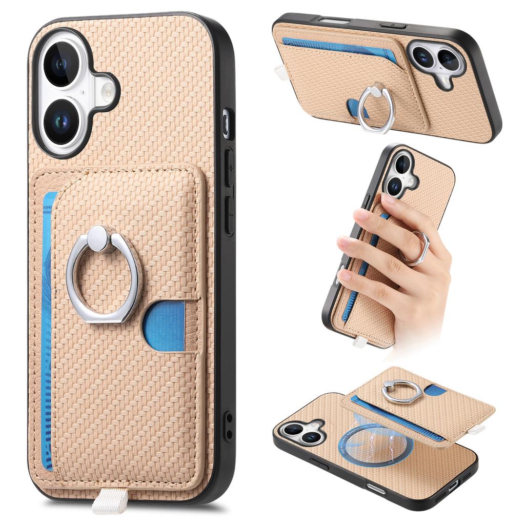 For iPhone 16 Case Ring Kickstand Leather Back Cover with Magnetic Detachable Card Holder