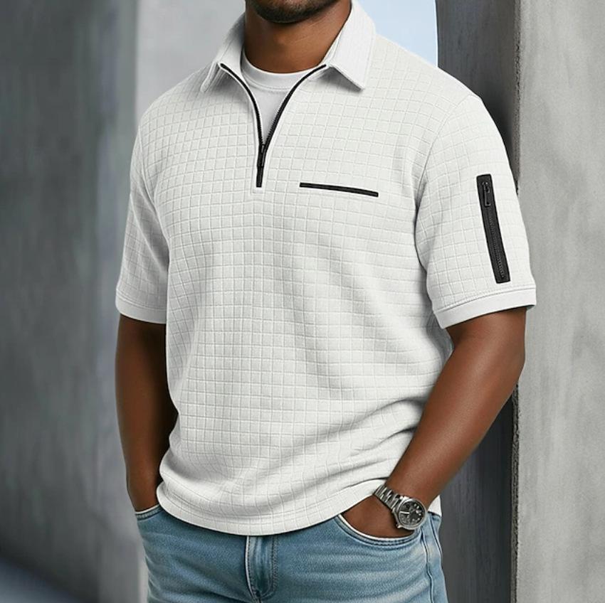 Men's Slim Fit Plaid Short Sleeve Shirt Zipper Front Casual Top with Decorative Arm Zip Pockets
