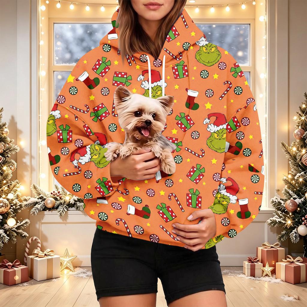 Damen Weihnachts-Print Kapuzenpullover mit Haustier-Tasche, Lässiger Feiertags-Pullover