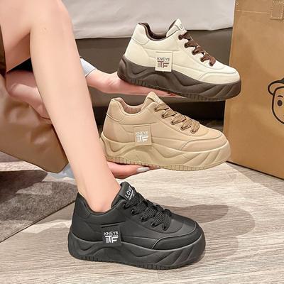 Herbst- und Winter Damen Sneaker mit dicker Sohle, Damen Sneaker, Weiße Sneaker, Low-Top mit runder Zehenpartie, Schnürschuhe für den Alltag