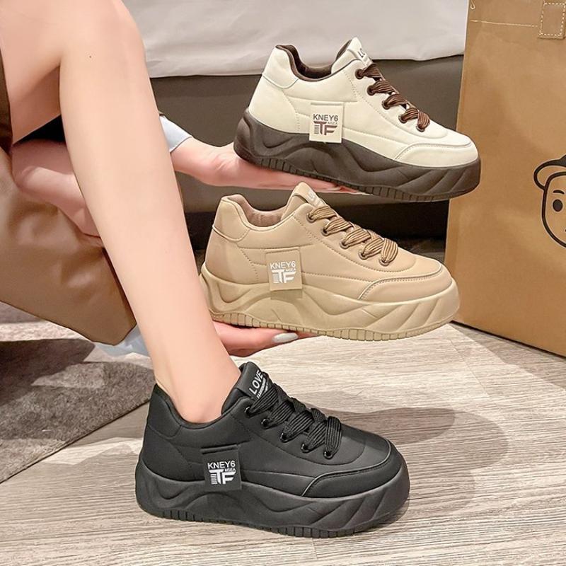 Autumn and Winter Women's Thick-soled Sneakers, Women's Sneakers, White Sneakers, Low-top Round-toe Lace-up Casual Shoes