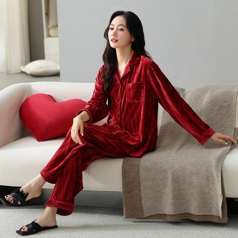 

Golden velvet couple pajamas women s autumn and winter wedding newlywed red men s gold brick velvet loungewear suit can be worn outside M