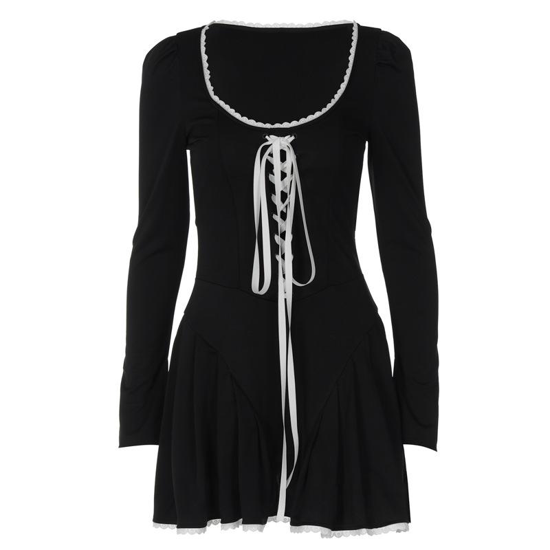 Women's Fall and Winter Fashion Long-sleeved U-neck Tie Rope Waist Tight Short Umbrella Dress