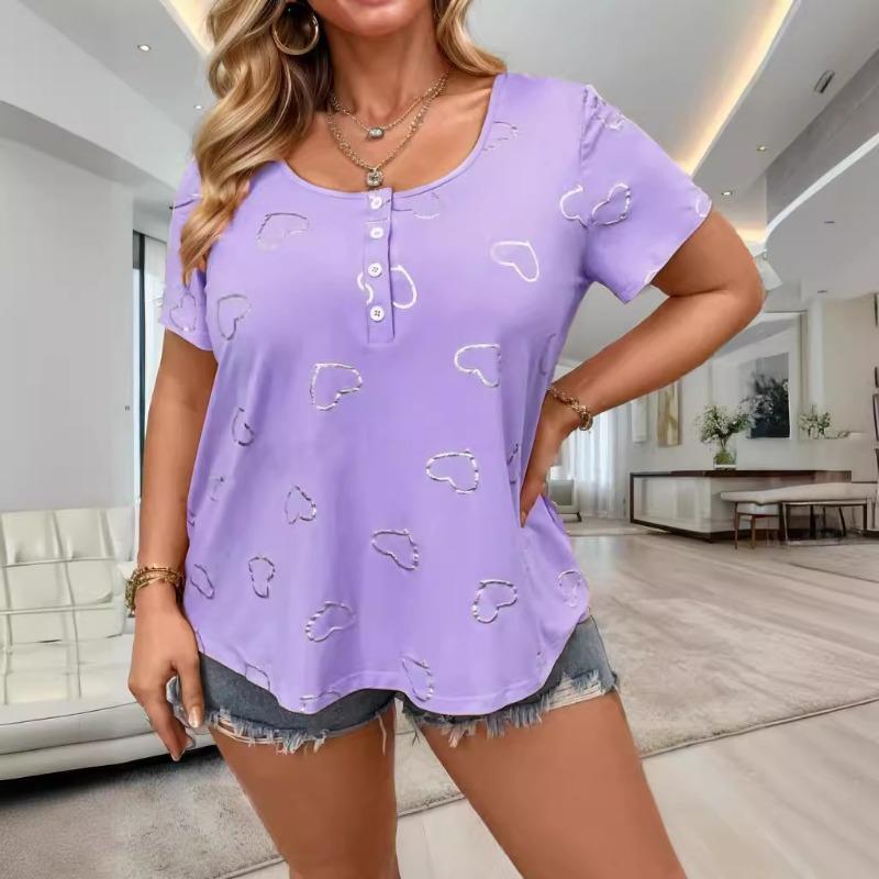 

Летняя женская повседневная блузка с круглым вырезом и коротким рукавом, свободная футболка на пуговицах с принтом в виде сердца, офисные женские рубашки для женщин, модная одежда 24158 XXL фиолетовый