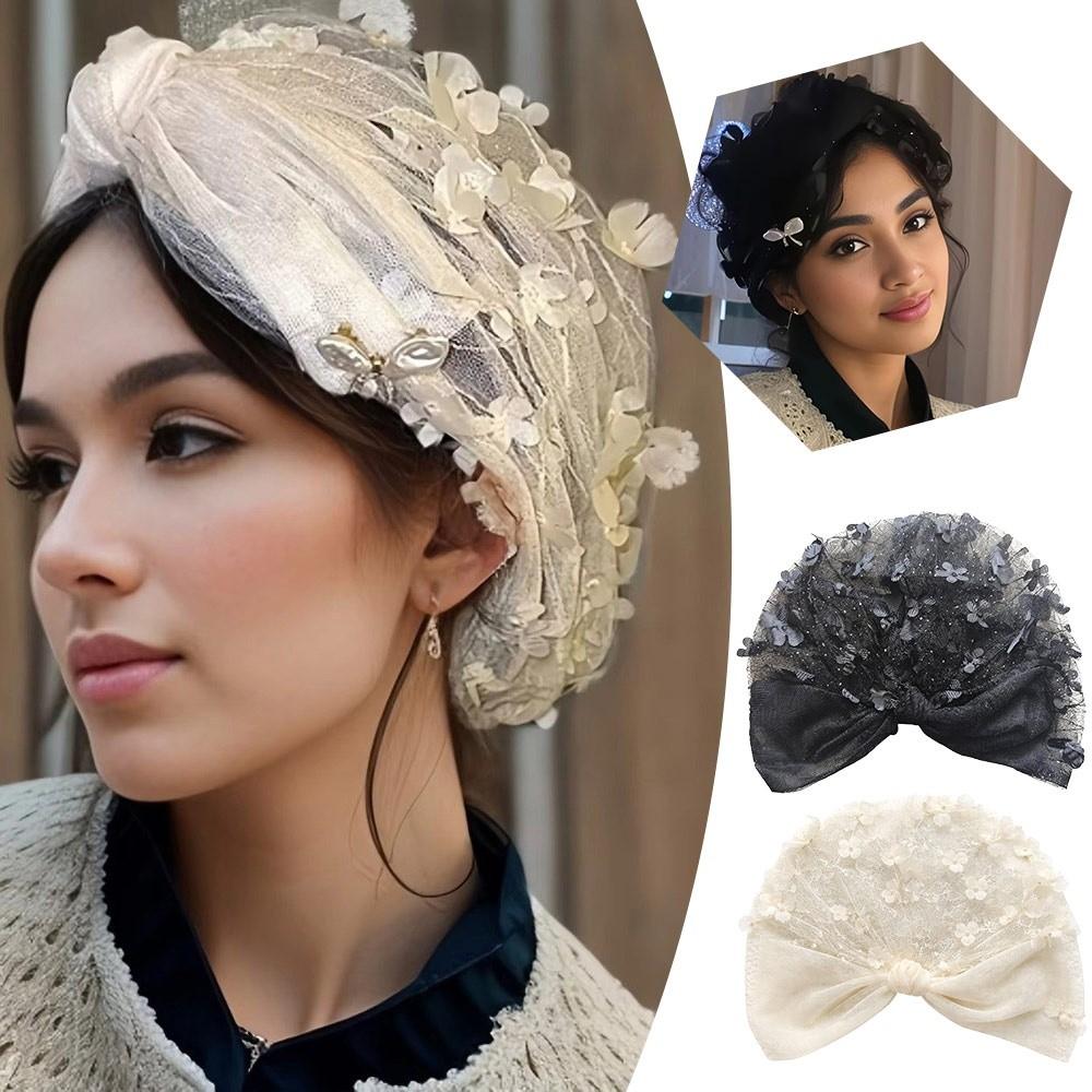 Faux Pearl Headscarf Hat Lace Flower Bohemian Headscarf Fashion Bonnet Hat  Summer Wear
