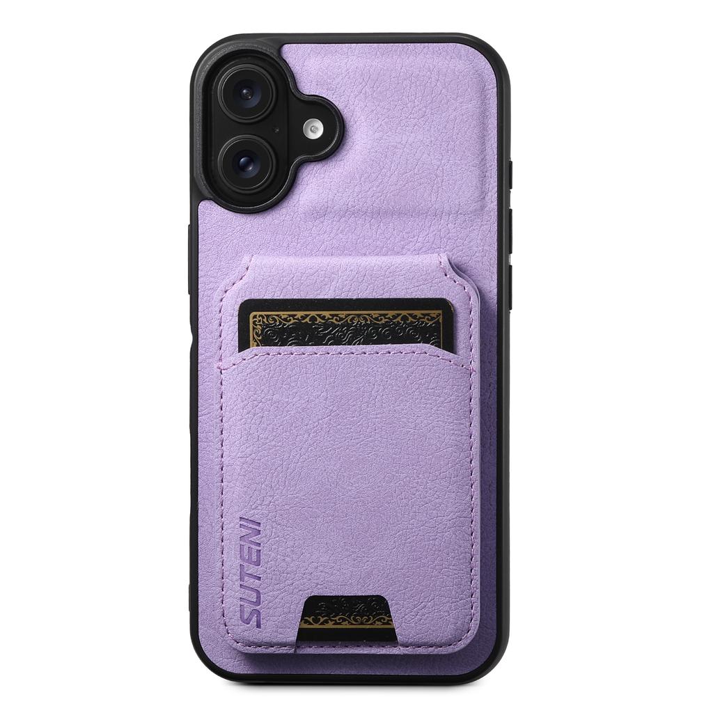SUTENI H02 For iPhone 16 Case Card Slots Kickstand Litchi Texture Leather+TPU Cover