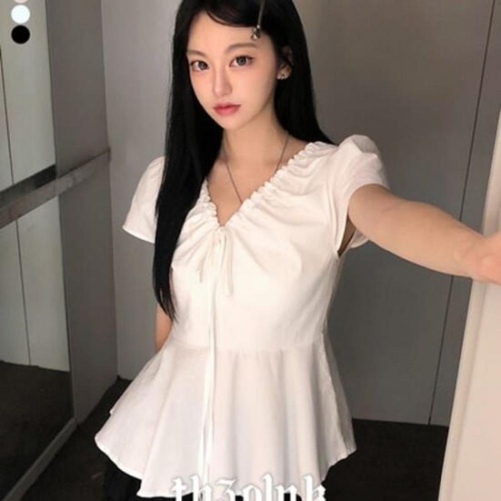The Pink Women S Ribbon String Frill Short Sleeve blouSe