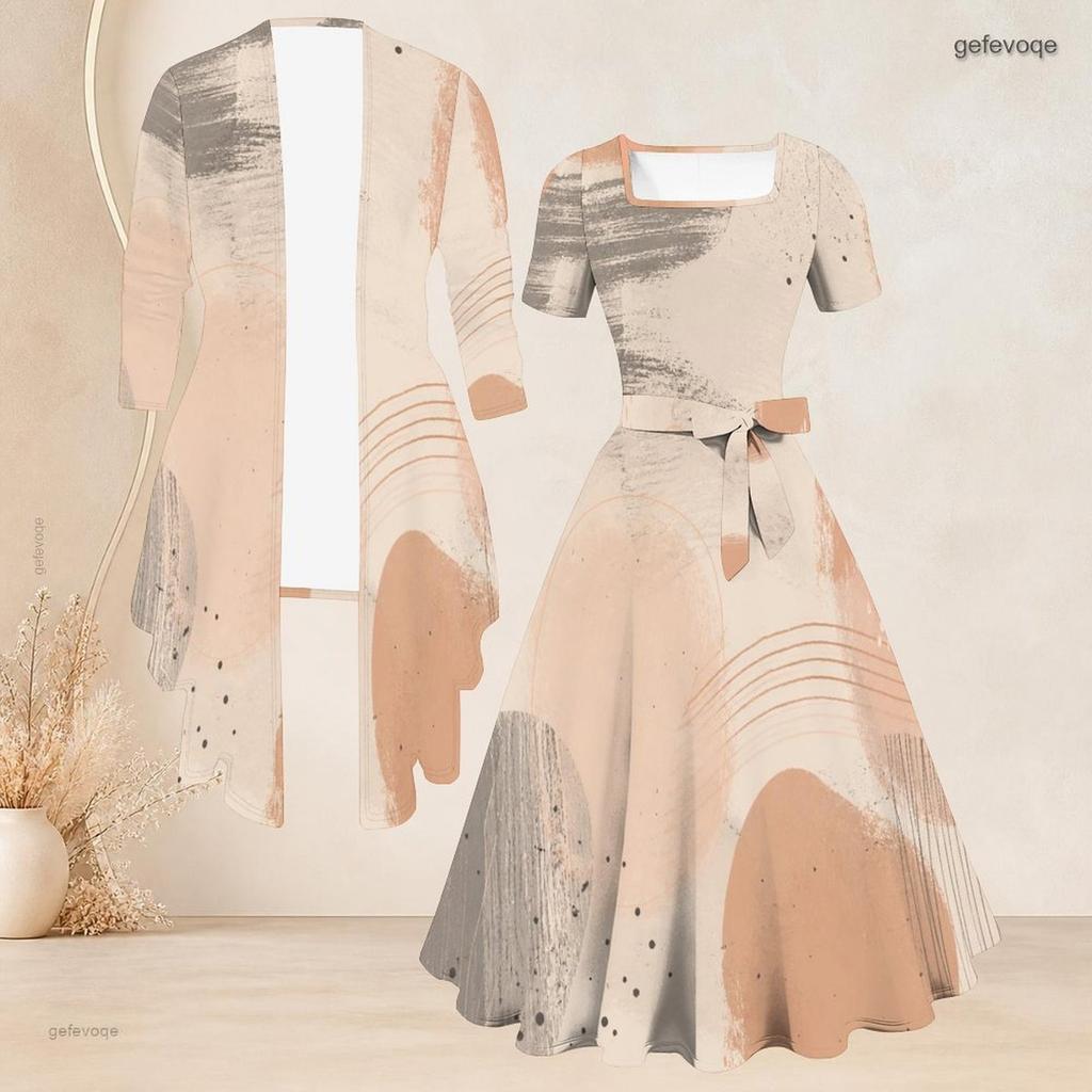 Women Plus Size Printed Two Piece Set Square Neck Short Sleeve Tie Waist Flared Dress 3 4 Sleeve Cardigan