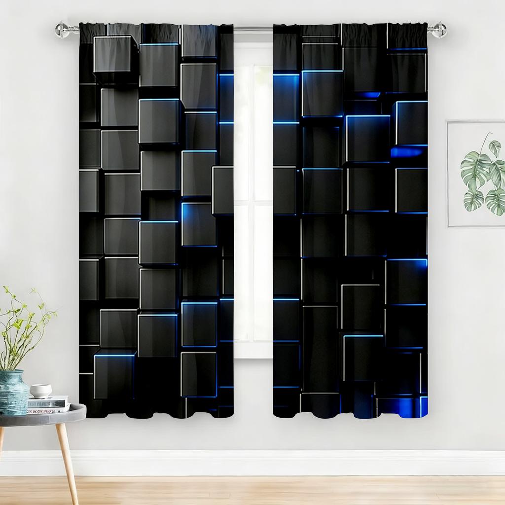2PC Black Blue Neon Cube Sheer Curtains - Futuristic Tech-Style Print Window Drapes for Living Room Bedroom Decor
