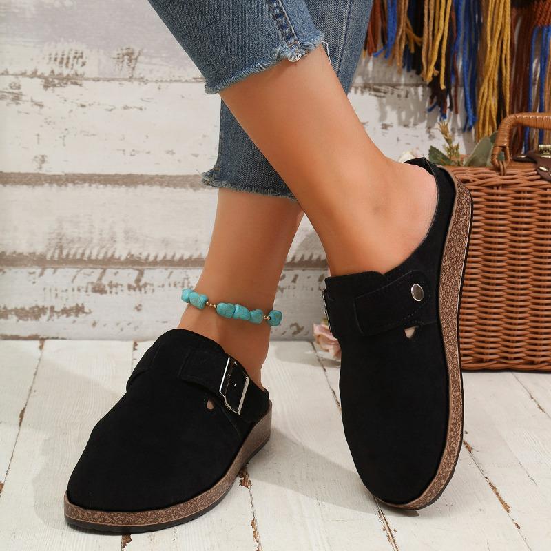 Nieuwe Mode Dames Casual Faux Suède Pantoffels Sleehak Kurk Muiltjes Platform Klomp Antislipzool Gesp Buiten Huis Schoenen