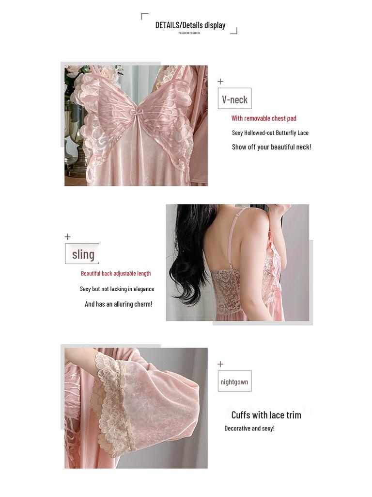 Women's Gold Velvet Butterfly Lace Pajama Set – Camisole and Beautiful Back Sleepwear with Chest Pads for Autumn/Winter.