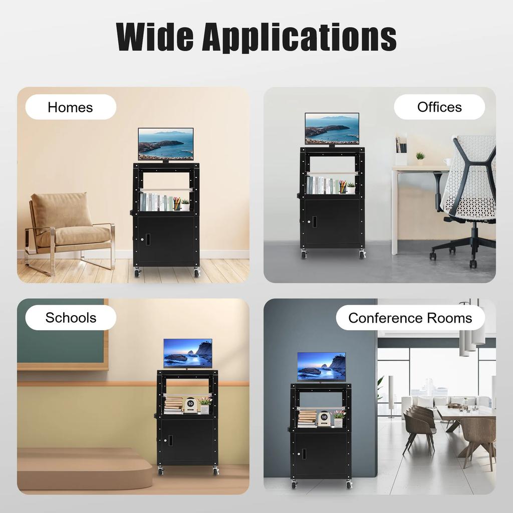 Steel AV Cart with Extra Storage,Rolling Projector Utility Cart with Locking Cabinet, Pullout Keyboard Tray and Cord Management