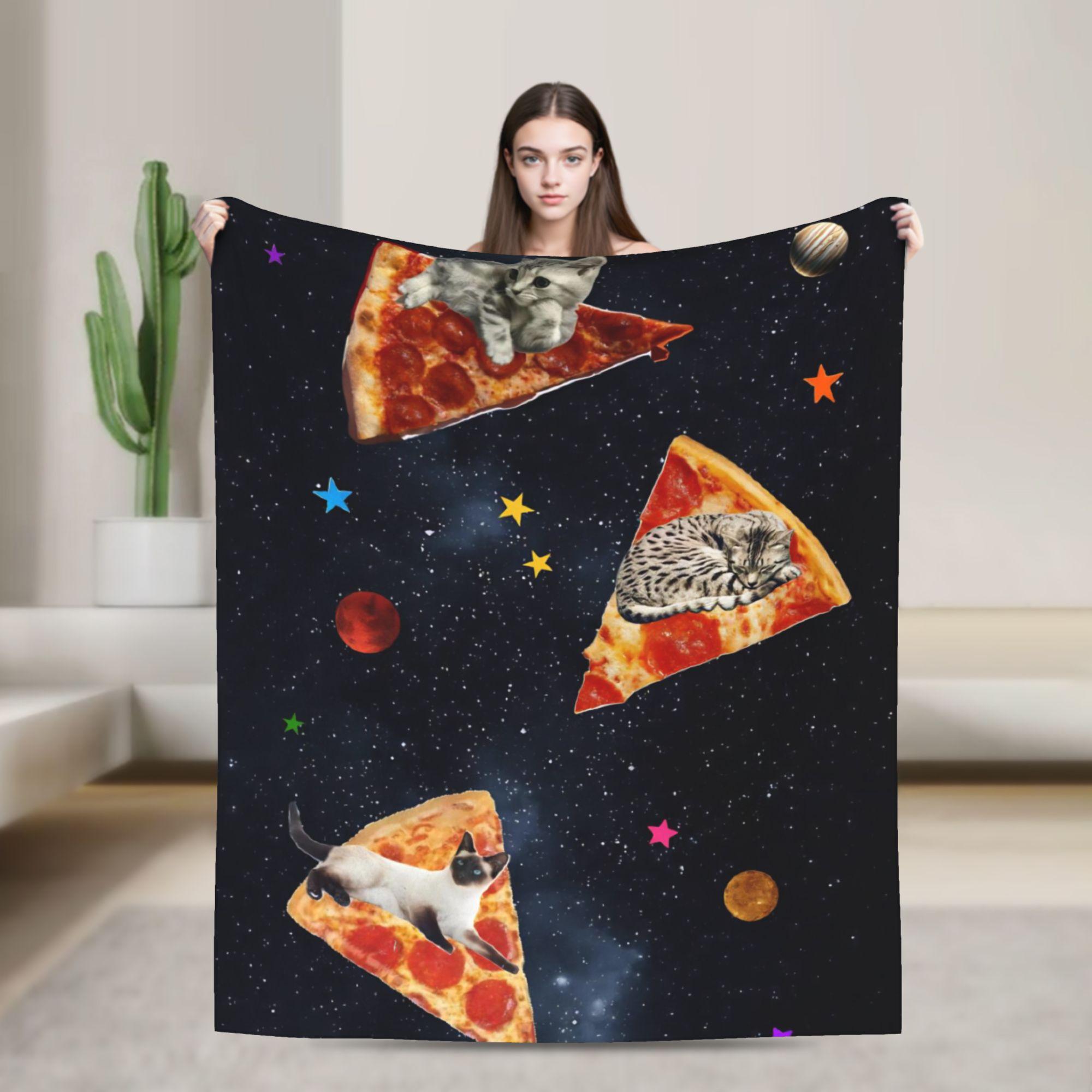 Pizza Cat Space Galaxy Flying Flannel Throw Blankets Funny for Bed Knitted Blanket Car Thin Multi-function 100x150cm