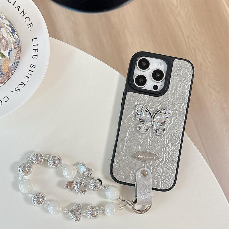 Strass Schmetterling High-End Kette Handyhülle für 15 für Apple 17 Handheld für IPhone16pro Leder Mode