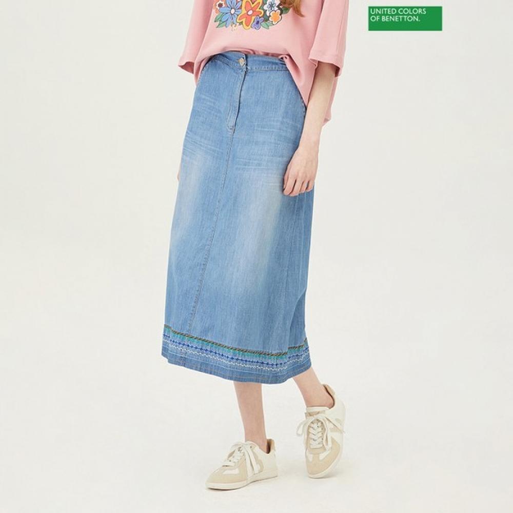

[Benetton] Benetton Back Banding Embroidered Denim Skirt Baska2531 BL_blue/42
